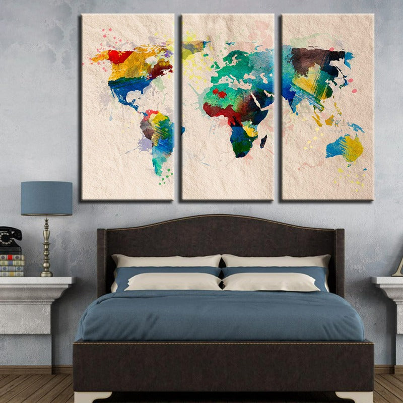 Schöne abstrakte Regenbogenfarbene Weltkarte - Leinwand Wandkunst Gemälde 3 Teile