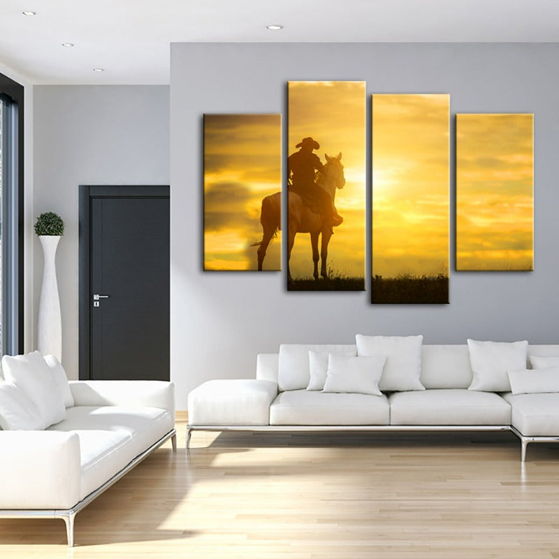 Ein Cowboy und sein Pferd - Leinwand Wandkunst Gemälde 4 Teile