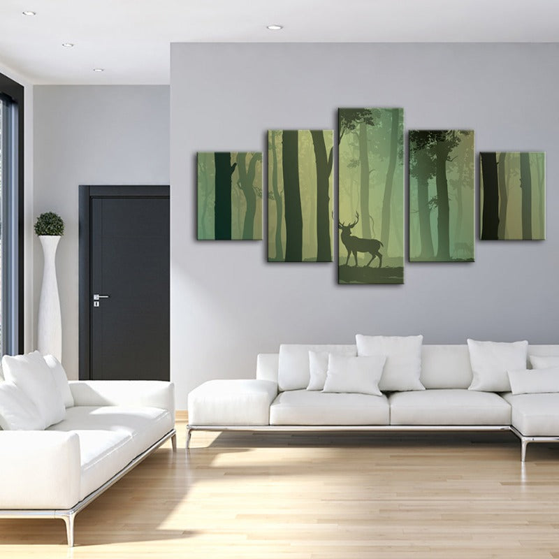 5-teilige verzauberte grüne Silhouetten-Hirsch - Leinwand Wandkunst Malerei