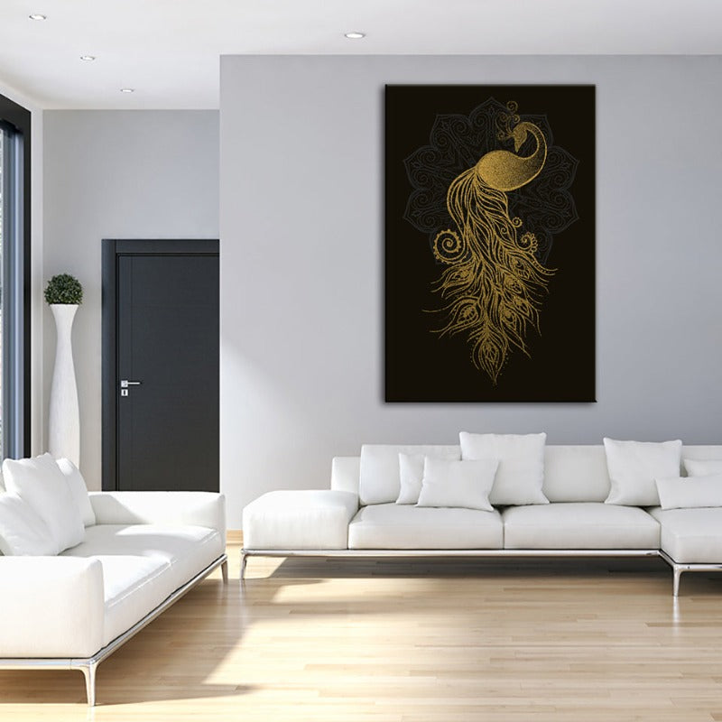 Abstract Golden Mandala Pfau - Canvas Wandkunst Malerei