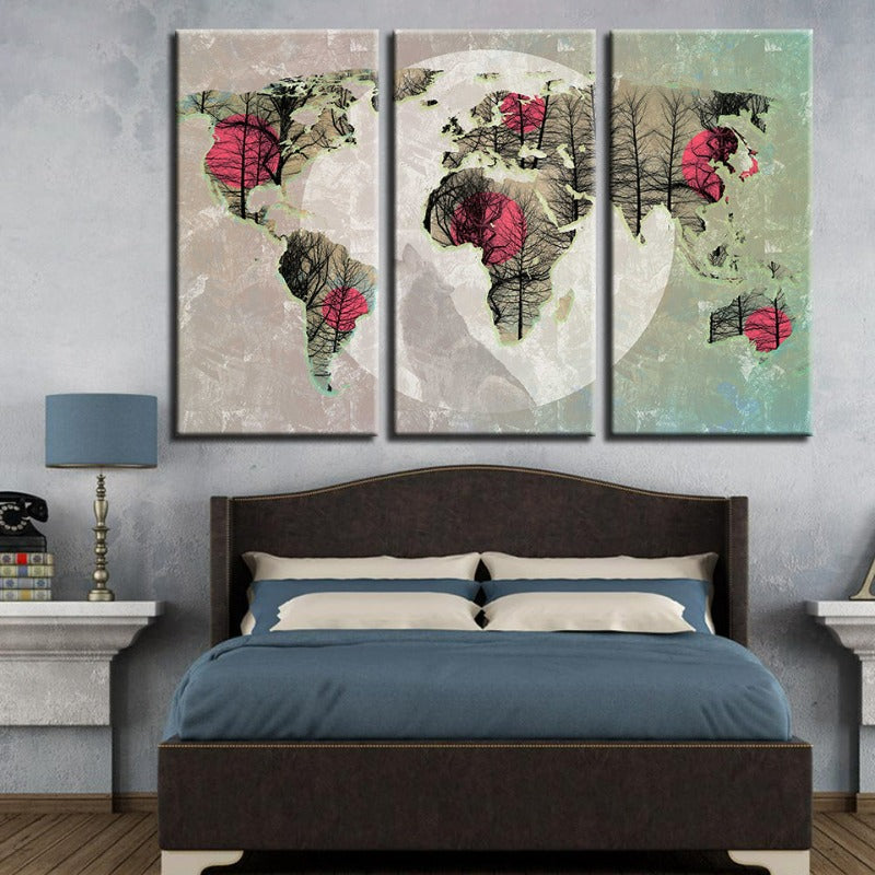 Schöne abstrakte rosa Sonnen-Weltkarte-Canvas-Wandkunstgemälde 3 Teile