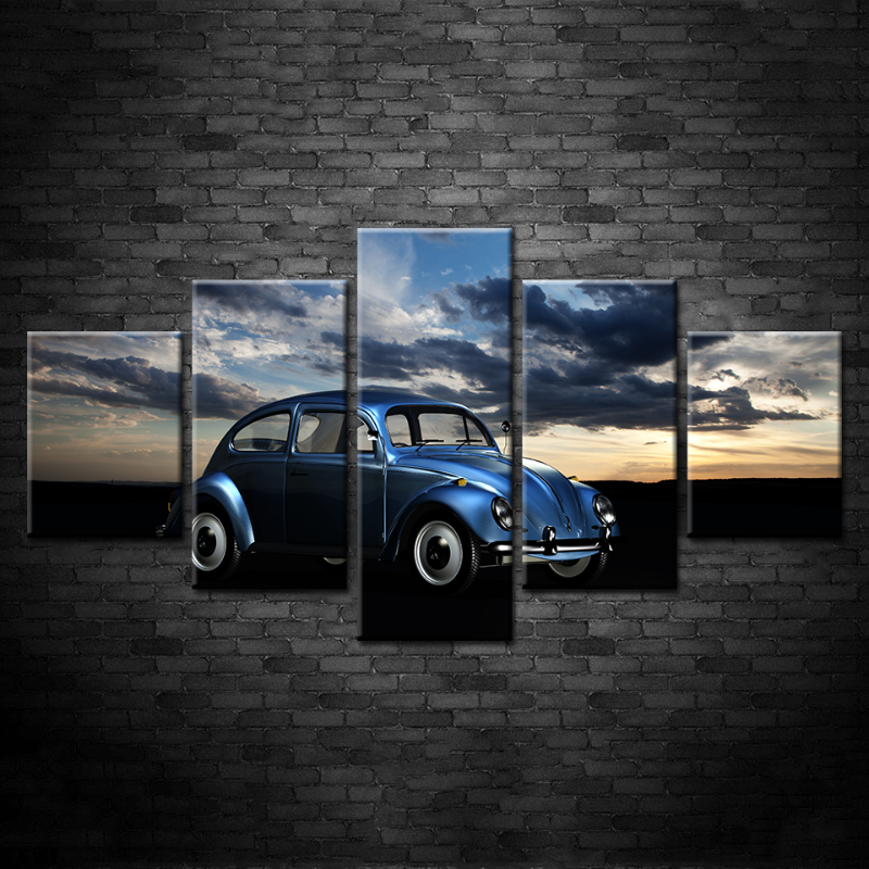 5 Teile - Wolkig - Blau Klassisches Vintage Auto - Leinwand Wandkunst Gemälde