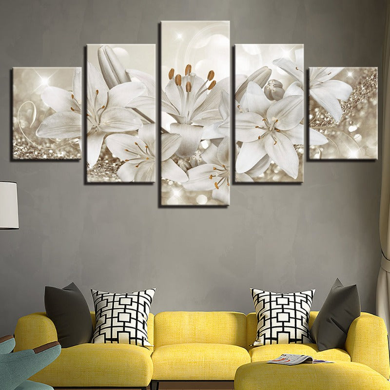 5-teiliges Golden & Weiß Hintergrund Blumen - Leinwand Wandkunst Gemälde
