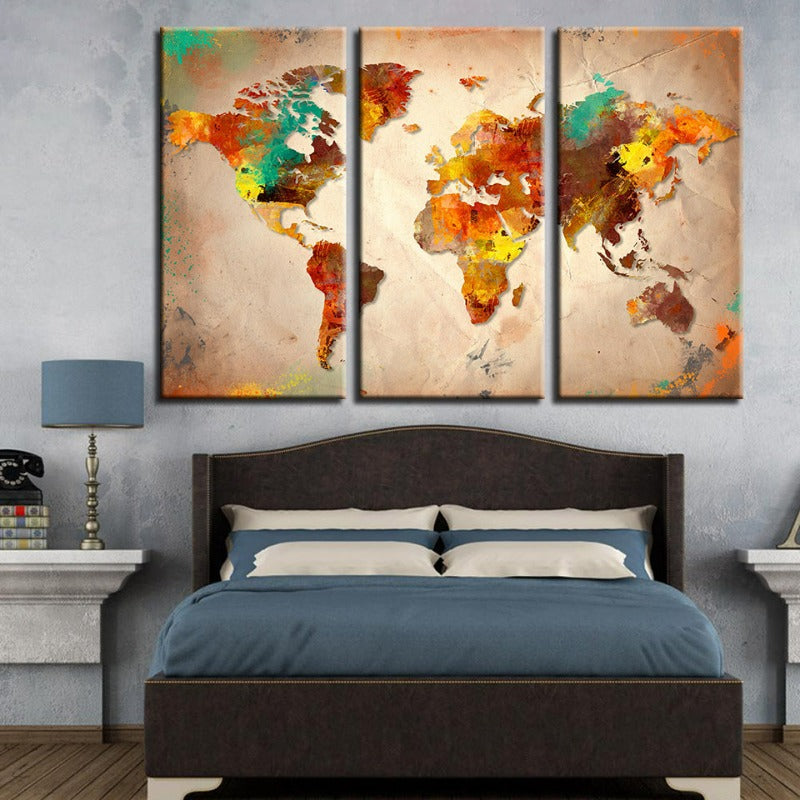 Schöne abstrakte mehrfarbige Weltkarte - Leinwand Wandkunst Malerei 3 Stücke