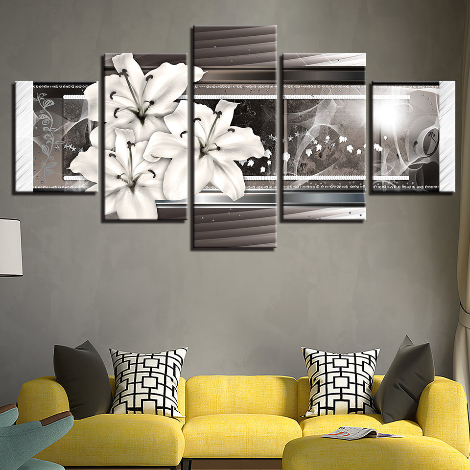 5-teiliges Weiß- und Silberblumen - Leinwand Wandkunst Gemälde