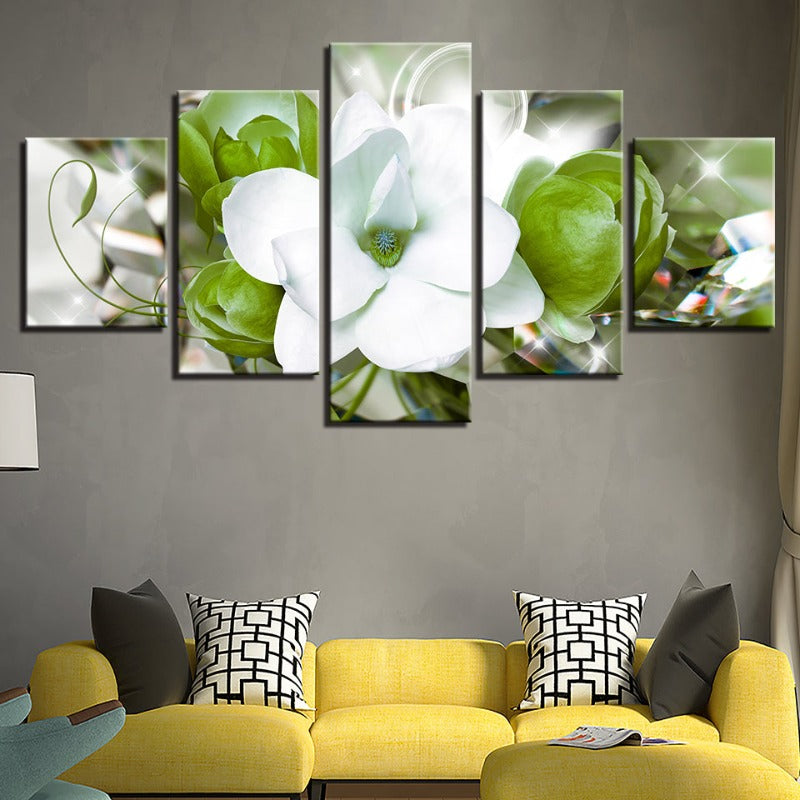 5-teiliges Grün Hintergrund Weiß Blumen - Leinwand Wandkunst Gemälde