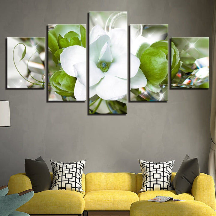 5-teiliges Grün Hintergrund Weiß Blumen - Leinwand Wandkunst Gemälde