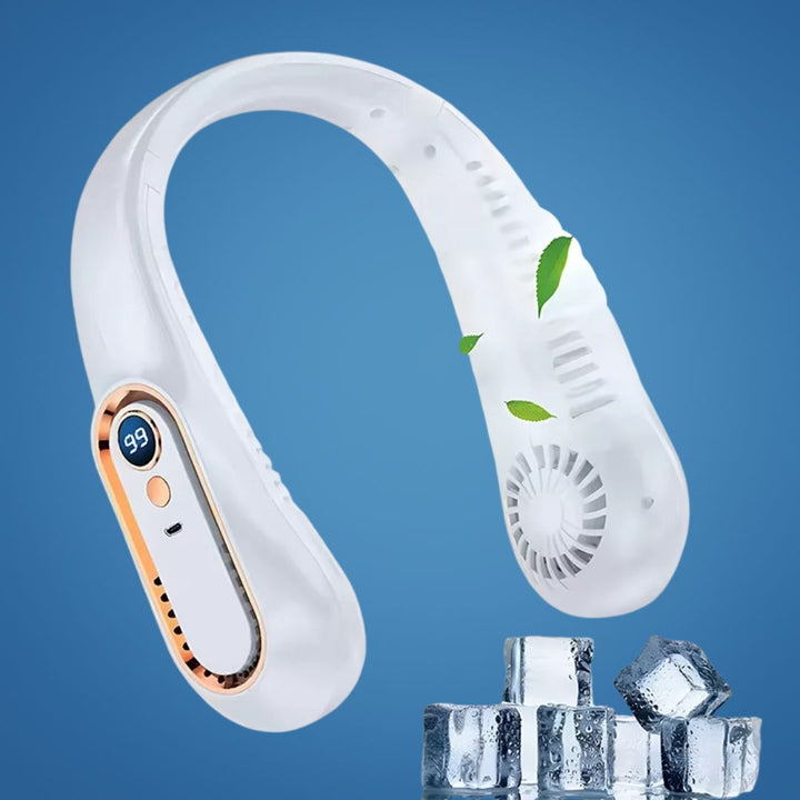 CoolEase | Tragbarer Nackenventilator – Federnloses freihändiges Kühlen – Fünf Geschwindigkeiten USB-C – Reisen Büro Shuttle Karnz