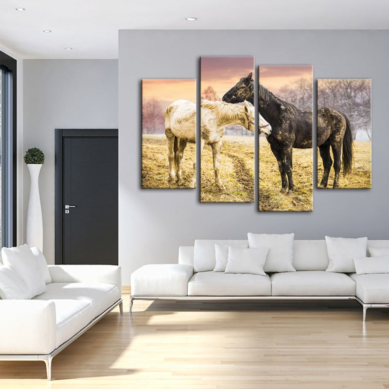 4-teilige Schwarz-Weiß-Pferde - Leinwand Wandkunst Gemälde | Karnz