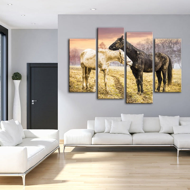 4-teilige Schwarz-Weiß-Pferde - Leinwand Wandkunst Gemälde | Karnz