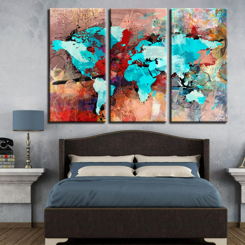 Schönes abstraktes Meerblau- und Rot-Weltkarte-Leinwand-Wandkunstgemälde 3 Teile