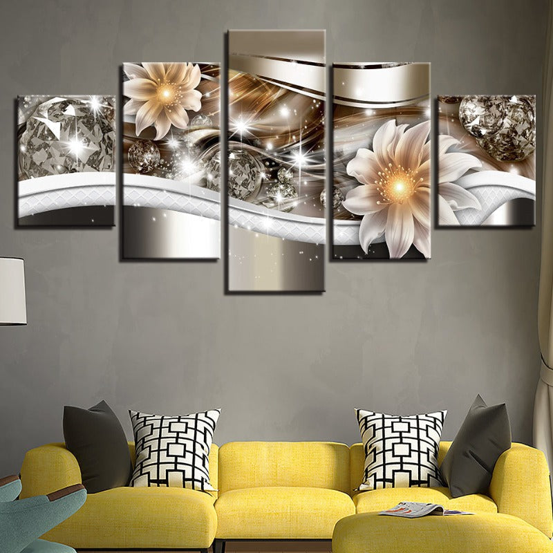 5-teiliges Golden Glow Hue Weiße Blume - Leinwand Wandkunst Gemälde
