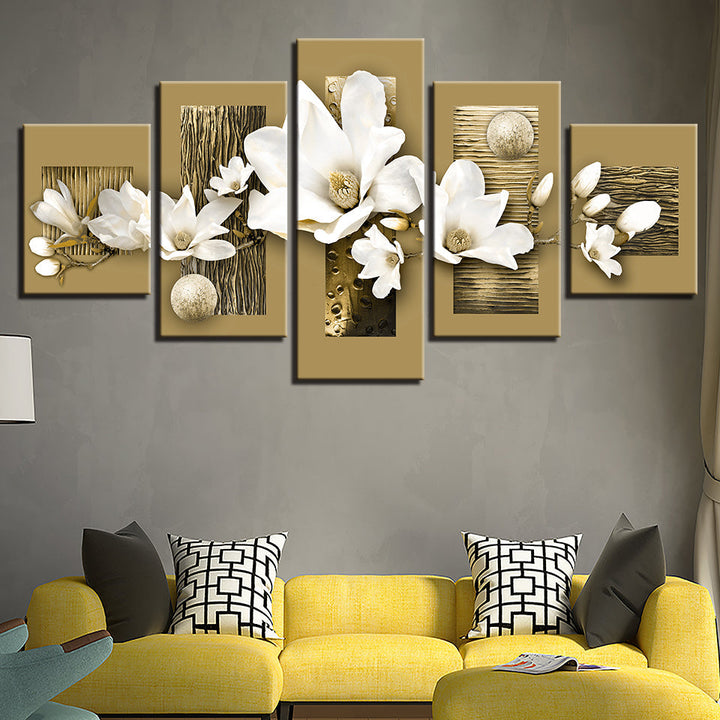 Goldene Akzente und weiße Magnolien 5-teilig - Leinwand Wandkunst Malerei