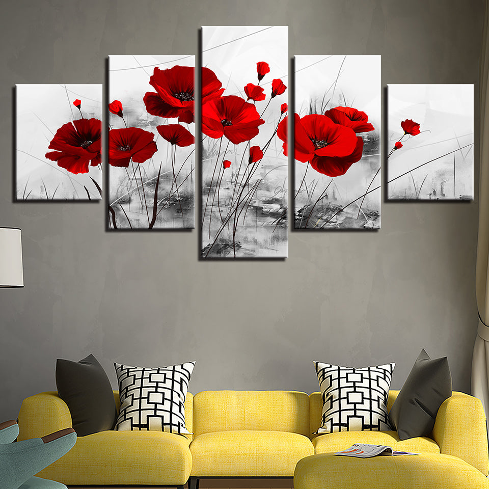 Fette rote Mohnblumen 5 Stück - Canvas Wandkunst Gemälde