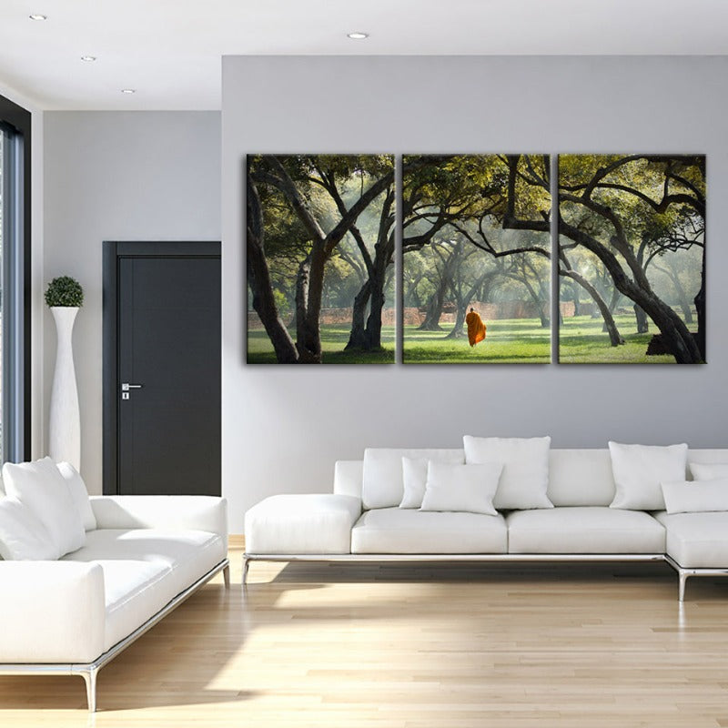 Friedlicher Mönch Gehen-Canvas Wandkunst Gemälde 3 Stücke