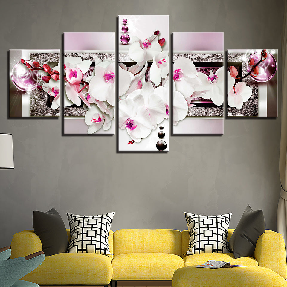 Atemberaubendes 5-teiliges Leinwandbild mit weißen und rosa Orchideen