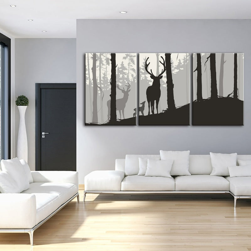 Silhouette einer Hirschfamilie – Leinwandbild, 3-teilig