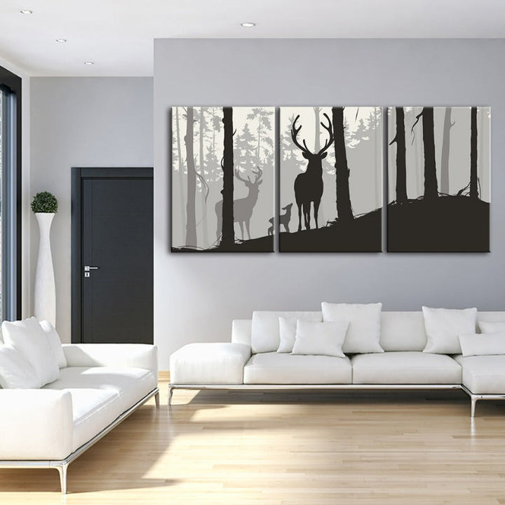 Silhouette einer Hirschfamilie – Leinwandbild, 3-teilig