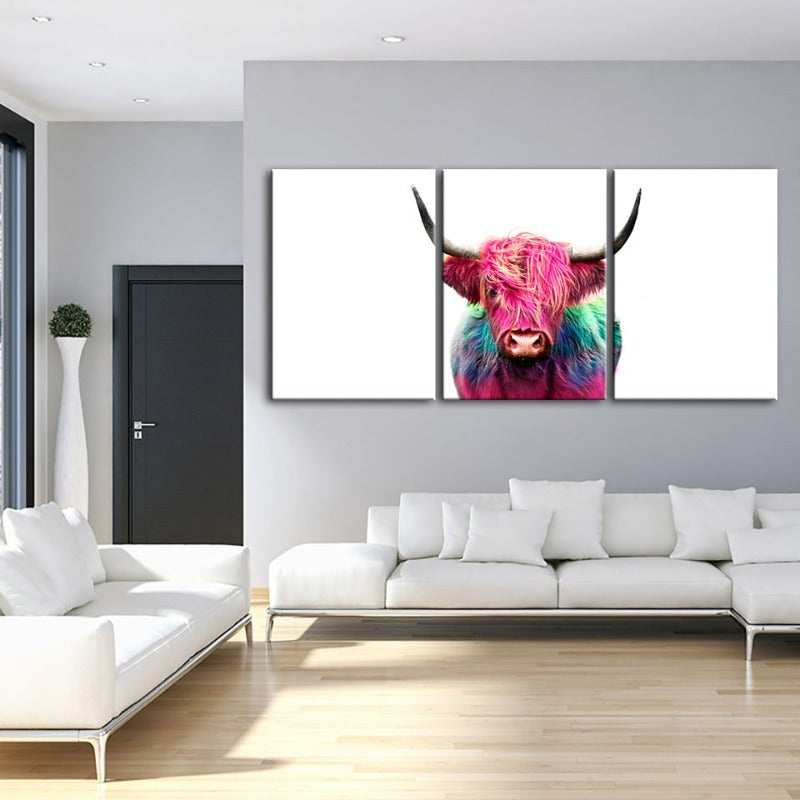 Farbenfrohe pinke Kuh-Leinwand Wandkunst Gemälde 3 Teile