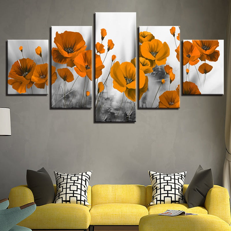 5 Stück Orange Blumen - Leinwand Wandkunst Malerei