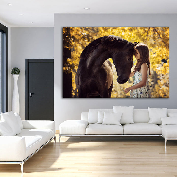 Freundschaft zwischen einem Mädchen und einem Pferd - Leinwand Wandkunst Malerei