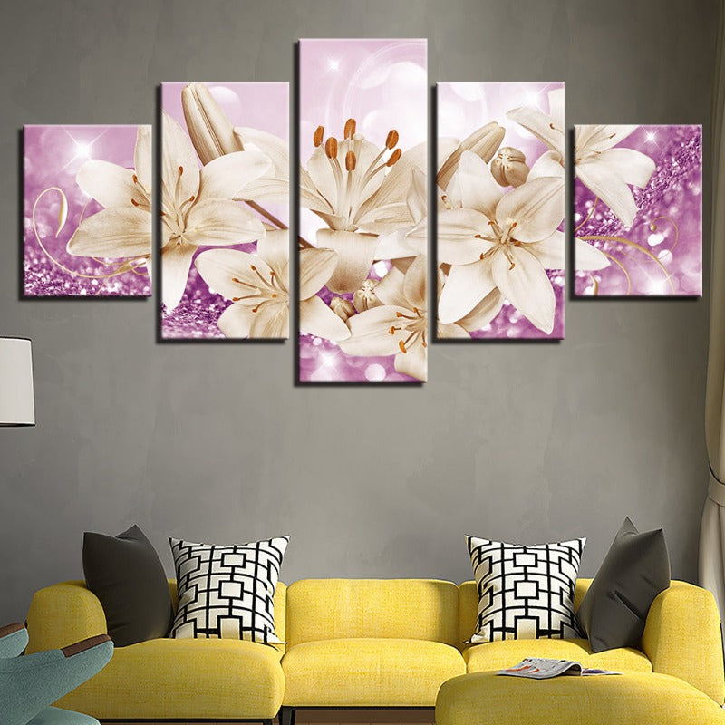 5 Stück Lila Hintergrund Rustikale Blume - Leinwand Wandkunst Gemälde
