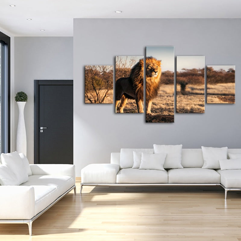 5-teilige majestätische Löwe im Sonnenlicht - Leinwand Wandkunst Gemälde