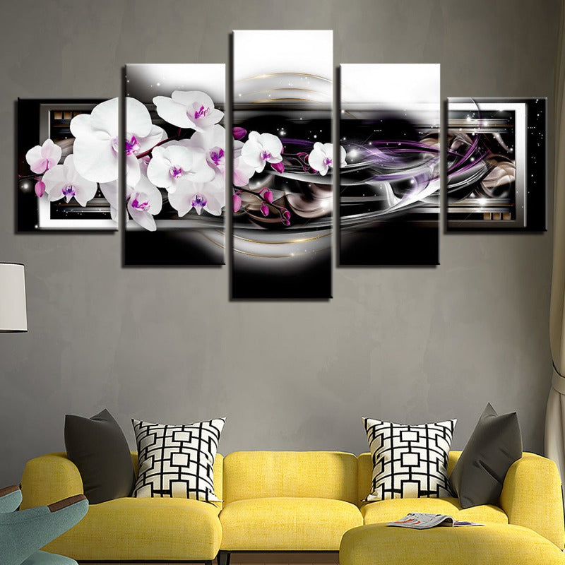 5 Stück Schwarz Hintergrund Lila Farbton Weiße Blume - Leinwand Wandkunst Malerei