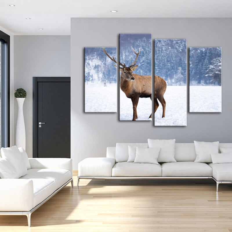 4-teilige verschneite Landschaft Reh - Leinwand Wandkunst Gemälde