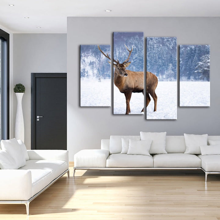 4-teilige verschneite Landschaft Reh - Leinwand Wandkunst Gemälde