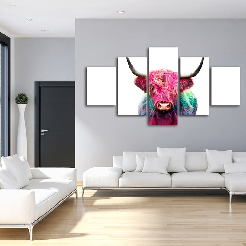 5-teilige bunte rosa Kuh - Leinwand Wandkunst Malerei