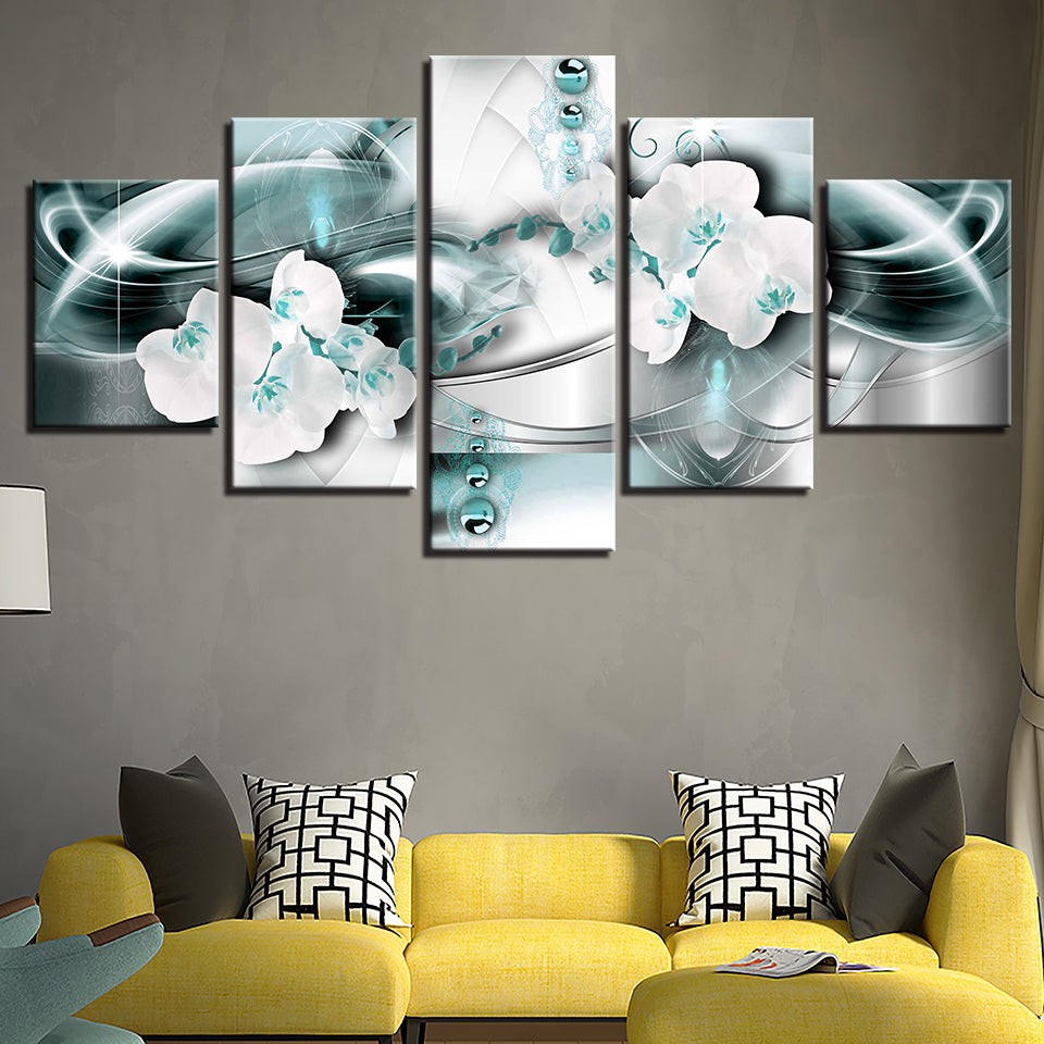 Viridiangrüne und weiße Orchideen, 5-teiliges Leinwandbild