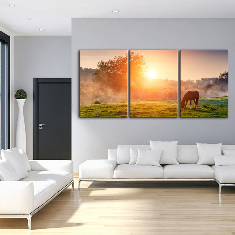 Sonnenaufgang grasendes Pferd – Leinwandbild, 3-teilig