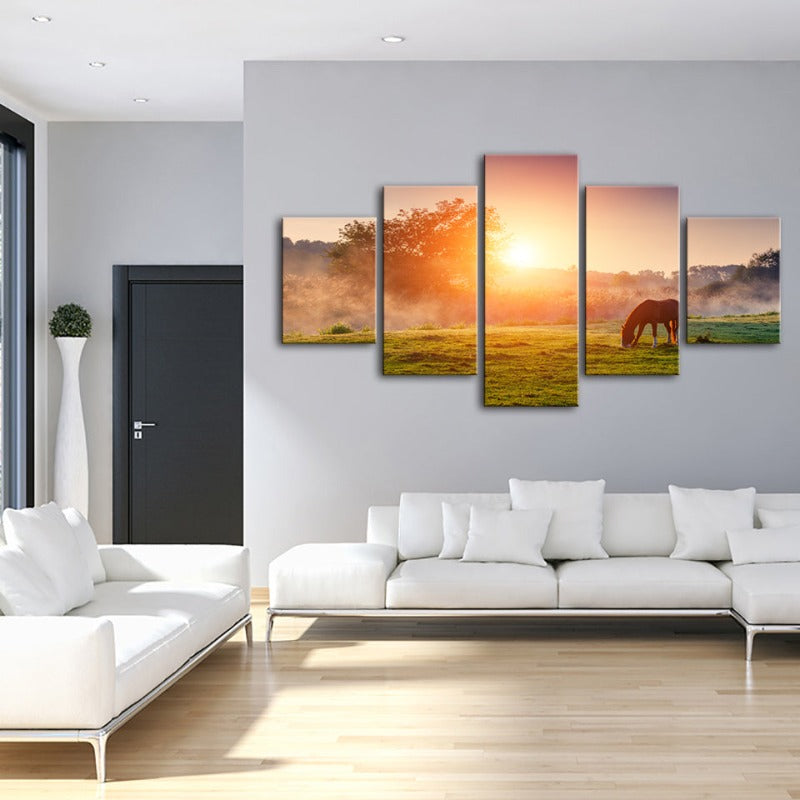 5-teiliges Sonnenaufgang-Weide-Pferd - Leinwand Wandkunst Gemälde