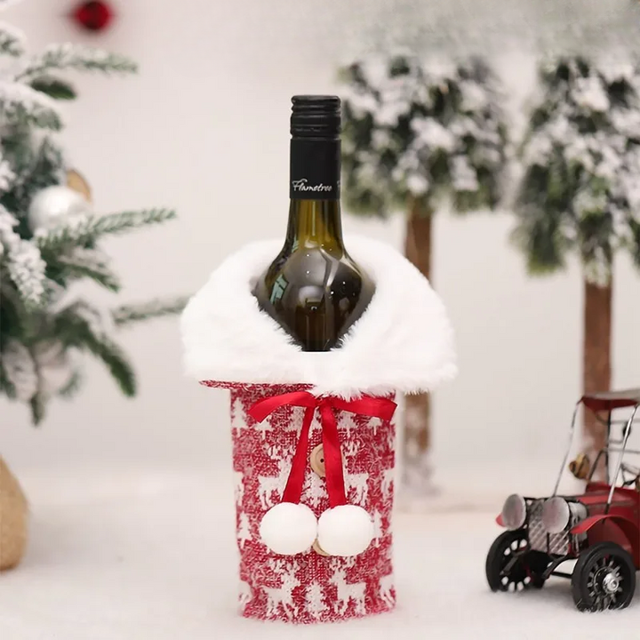 Weihnachtliche Flaschenhülle mit Fellkragen – Festliche Hülle für Weinflaschen, Wichtel-Deko für Weihnachten, Perfekt als Geschenkverpackung | Karnz