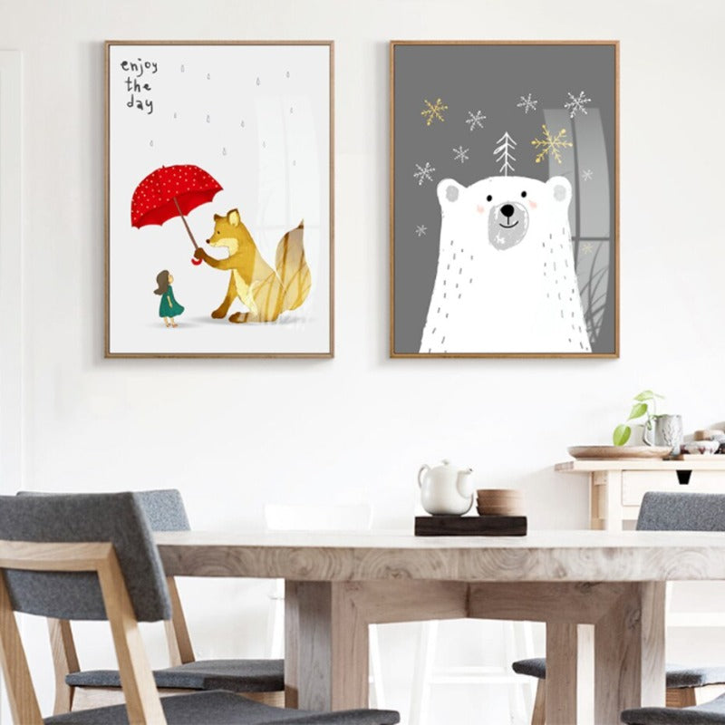 Cartoon Tiere Bär Fuchs - Leinwand Wandkunst Malerei