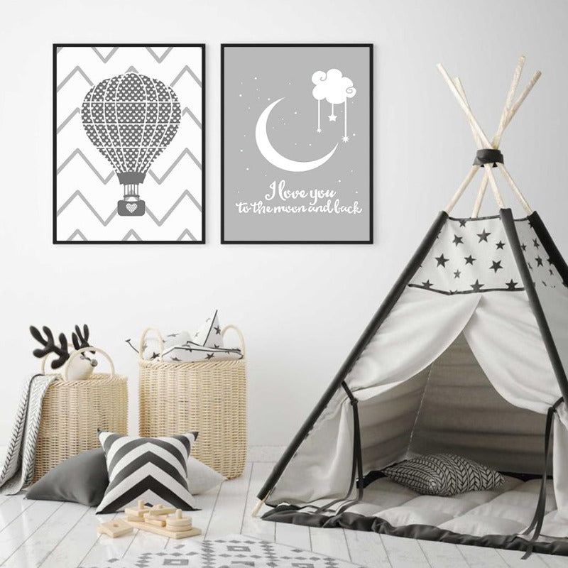 Kinderzimmer-Poster „Ich liebe dich bis zum Mond und zurück“ mit Heißluftballon