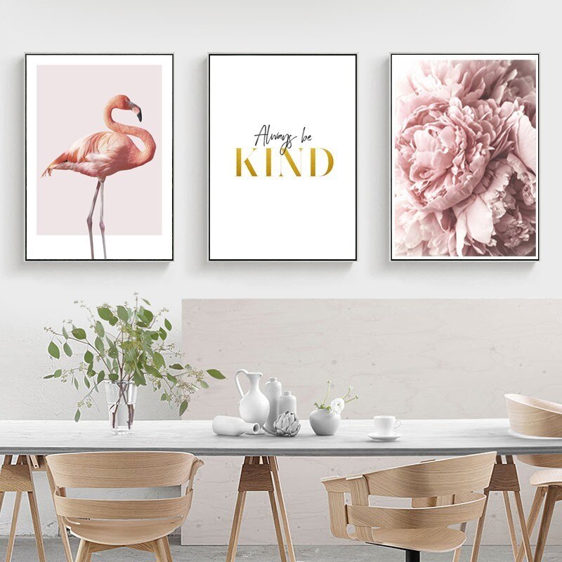 Modernes Leinwandbild mit rosa Flamingos und Pfingstrosen