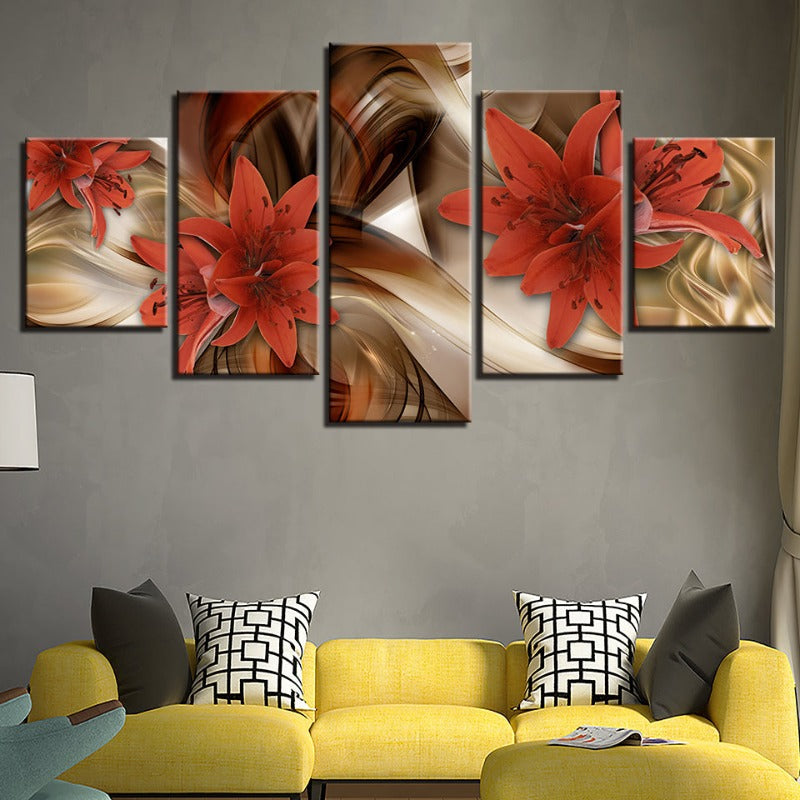 5-teilige goldene Hintergrund rote Blume - Leinwand Wandkunst Malerei