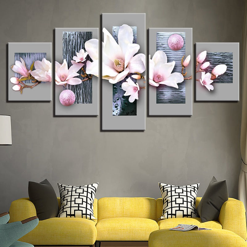 5 Stück Blau Holz Hintergrund Pink Farb Blume - Leinwand Wand Kunst Malerei