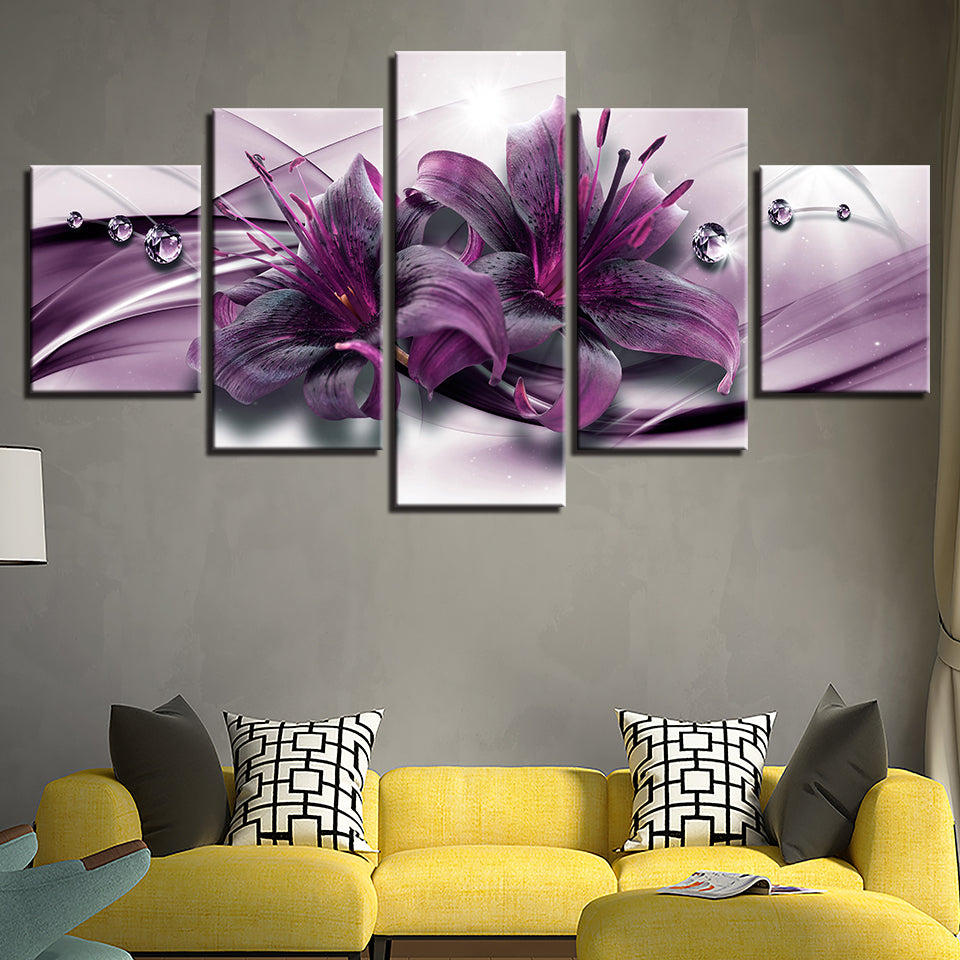 Tiefviolette Lilien, 5-teiliges Leinwandbild