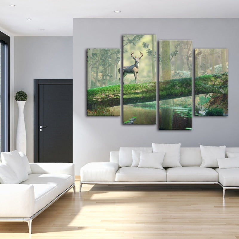 4-teiliges Verzaubertes Wald Reh - Leinwand Wandkunst Gemälde