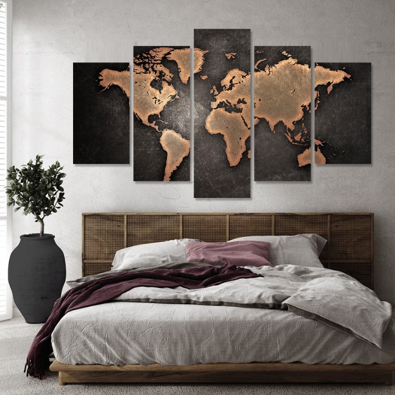 5-teilige braune Weltkarte - Leinwand Wandkunst Gemälde