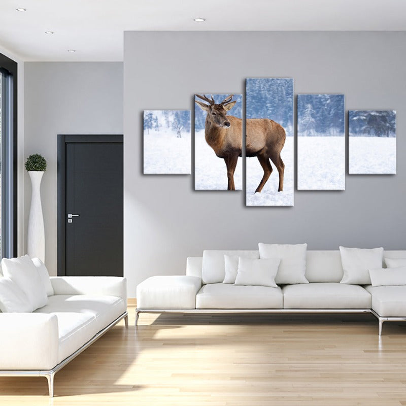 5-teilige verschneite Landschaft Reh - Leinwand Wandkunst Malerei