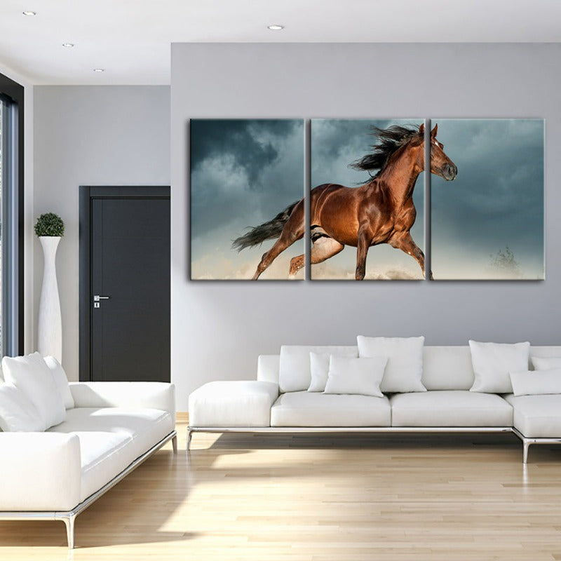 Braunes Pferd in der Wüste - Leinwand Wandkunst Gemälde 3 Teile