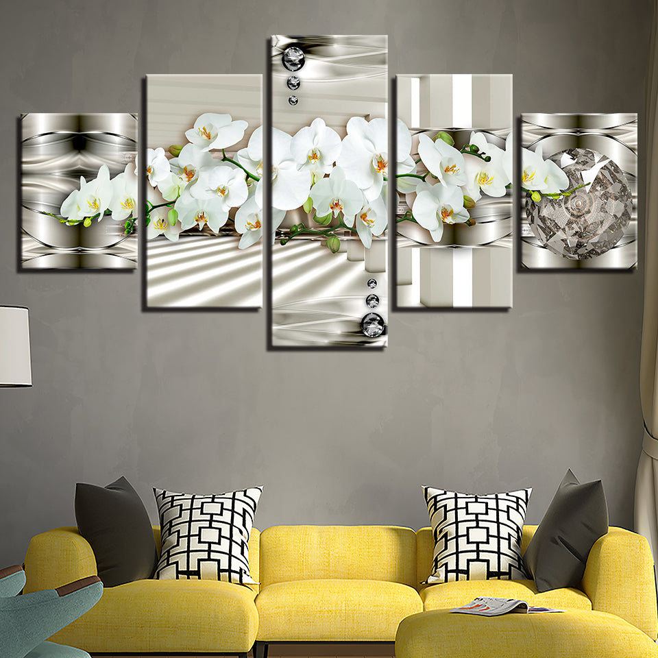 5 Stück Weiß Metallic Hintergrund Blume - Leinwand Wandkunst Gemälde