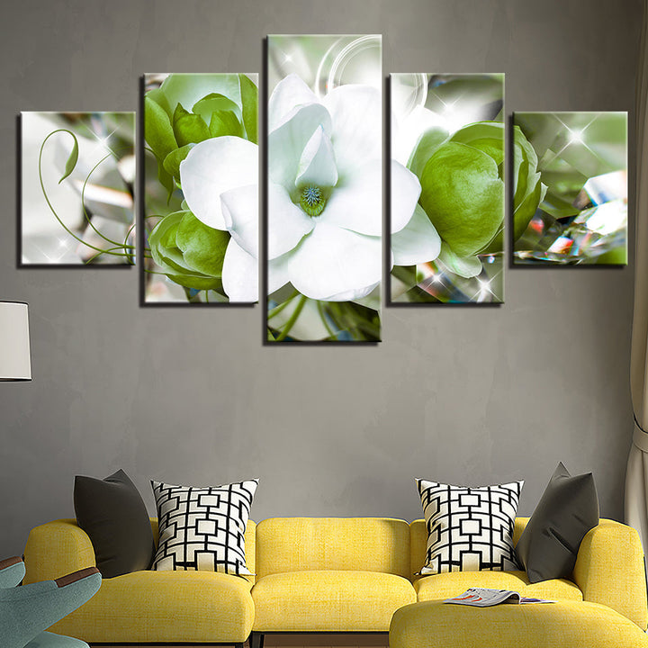 Zarte weiße und grüne Blumen 5-teilig - Canvas Wandkunst Gemälde