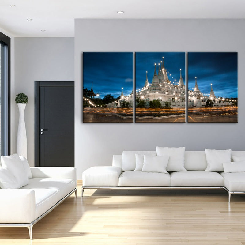 schöne Tempel Nachtzeit-Canvas Wandkunst Gemälde 3 Stücke