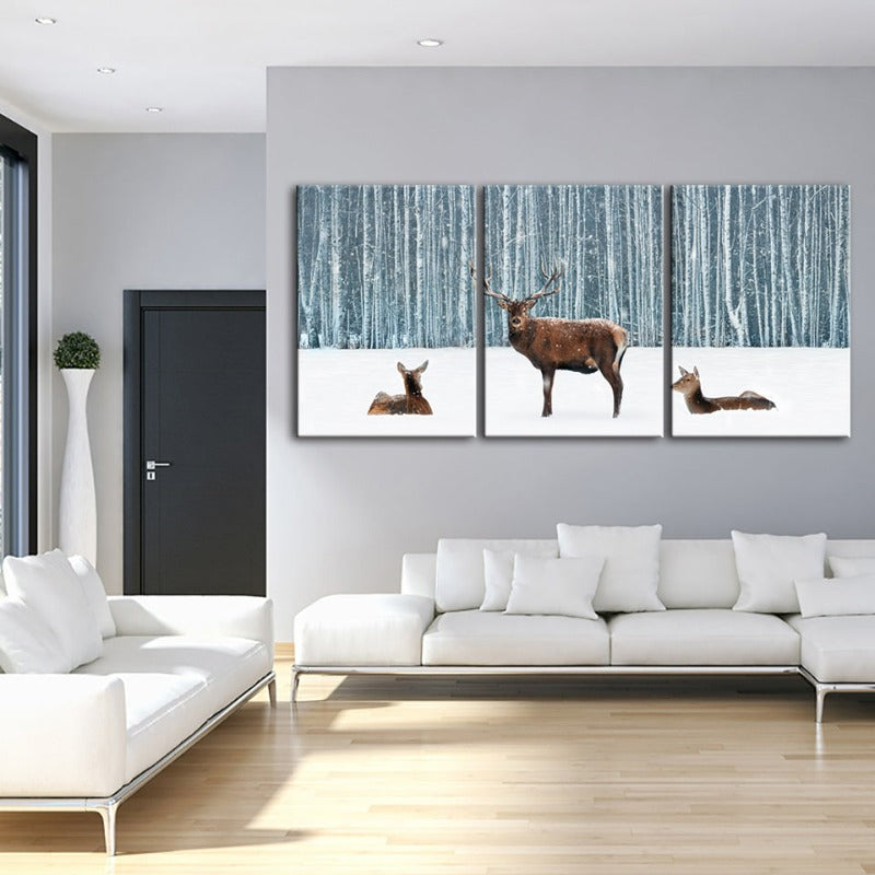 Zwei Rehe und ein Hirsch im Winter - Leinwandbild, 3-teilig