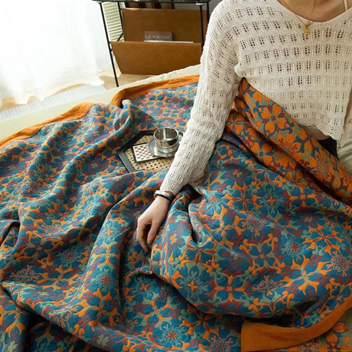 Karnz | Orange & Blau Muster Sechs-Layer Baumwolle Decke - TerraLoom